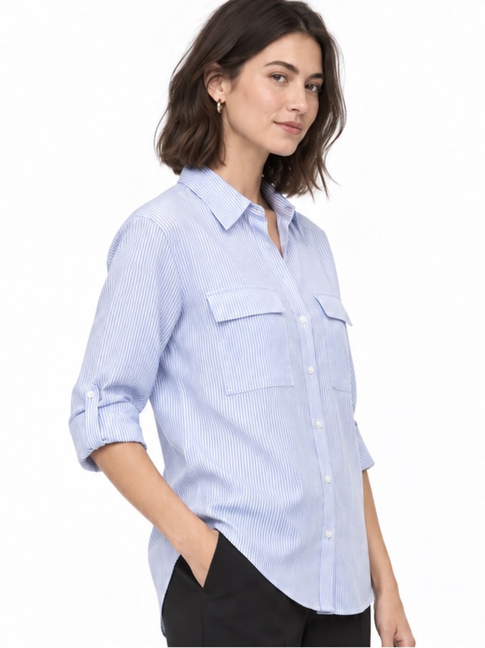 Aritzia Babaton Utility Shirt Size M Pinstriped White Light Blue Classic Relaxed